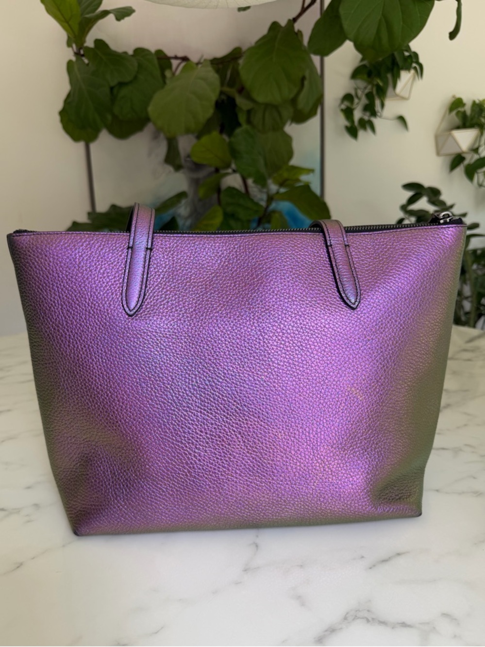 Coach Taylor Tote In Hologram Oil Slick Leather Purple Green Top Zip Large 57329 - Picture 6 of 16